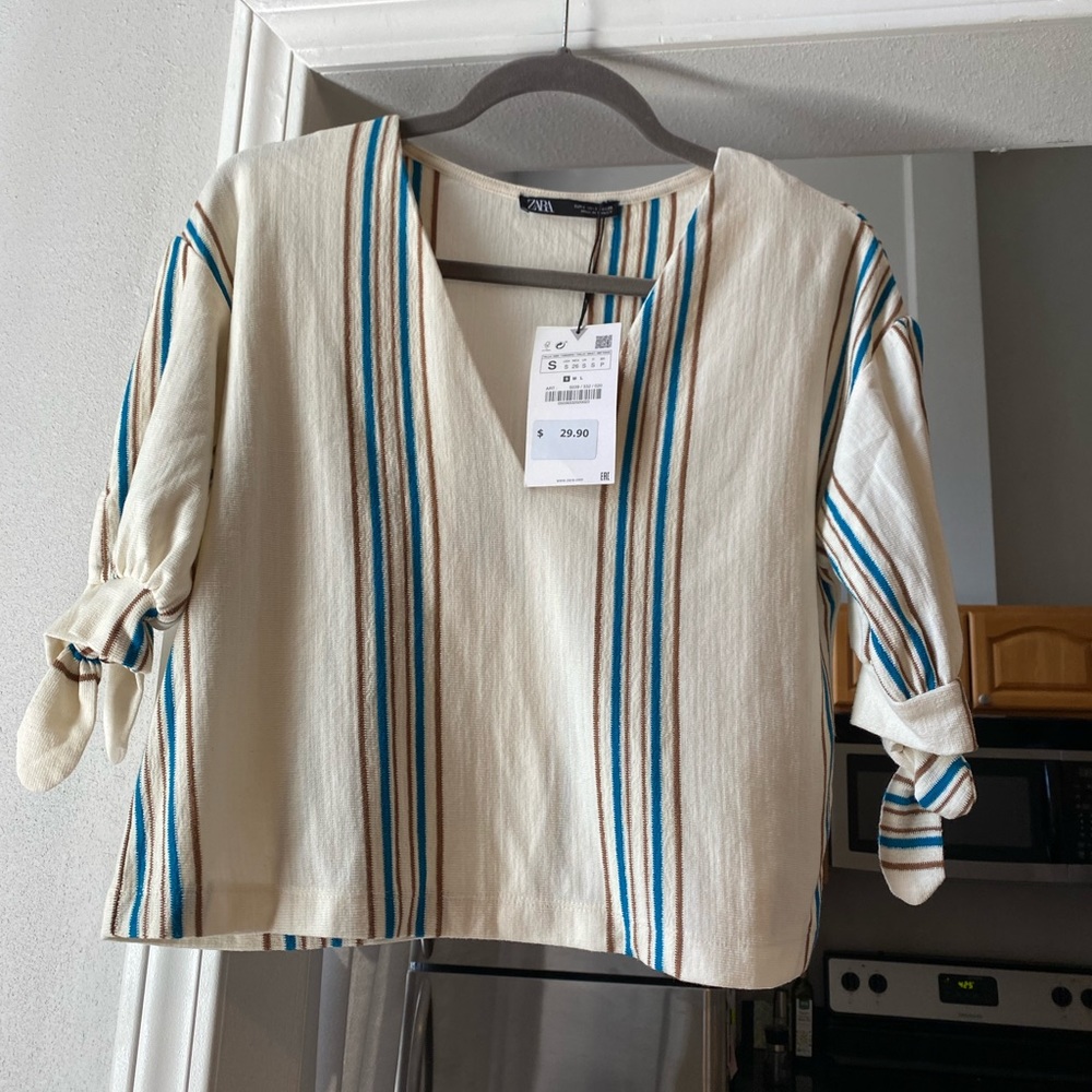 Zara Cream Top with Blue and Brown Stripes